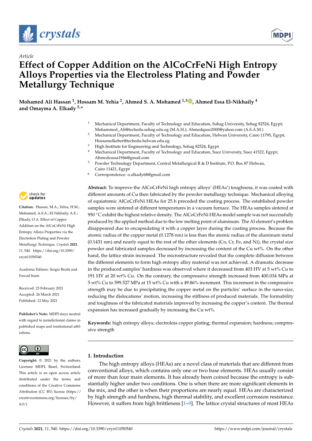 Effect of Copper Addition on the Alcocrfeni High Entropy Alloys Properties Via the Electroless Plating and Powder Metallurgy Technique
