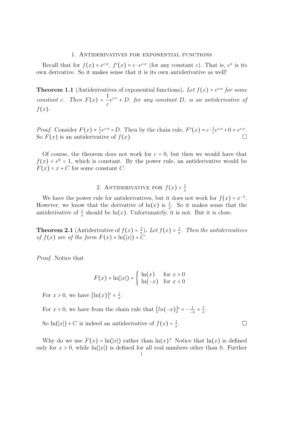 1. Antiderivatives for Exponential Functions Recall That for F(X) = Ec⋅X, F ′(X) = C ⋅ Ec⋅X (For Any Constant C)