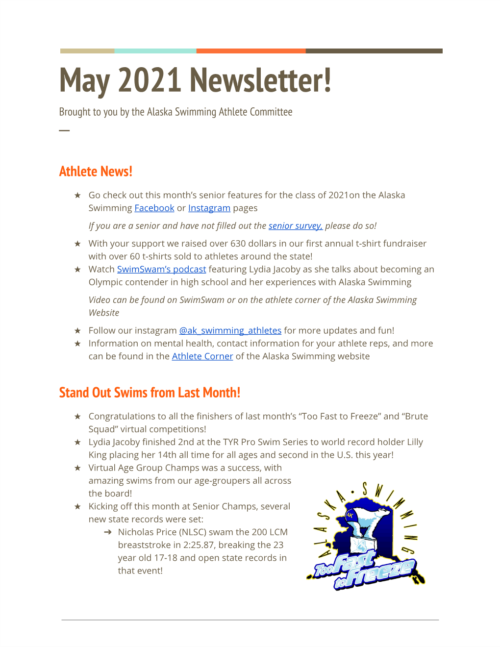 May 2021 Newsletter! Brought to You by the Alaska Swimming Athlete Committee ─