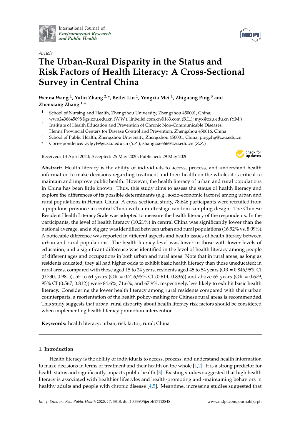 The Urban-Rural Disparity in the Status and Risk Factors of Health Literacy: a Cross-Sectional Survey in Central China