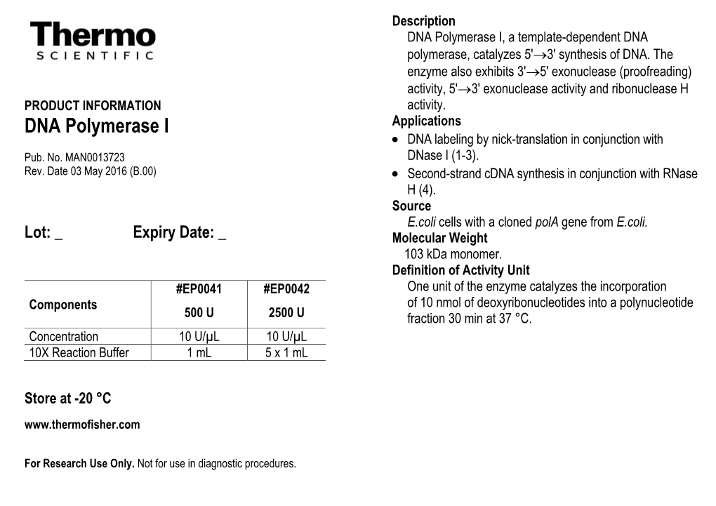 DNA Polymerase I, a Template-Dependent DNA Polymerase, Catalyzes 5'3' Synthesis of DNA