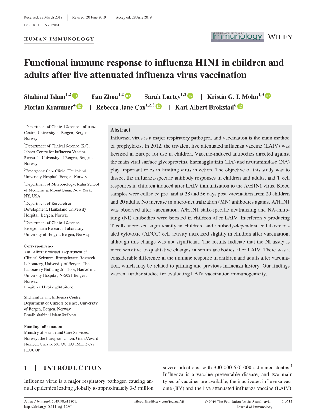 Functional Immune Response to Influenza H1N1 in Children and Adults After Live Attenuated Influenza Virus Vaccination