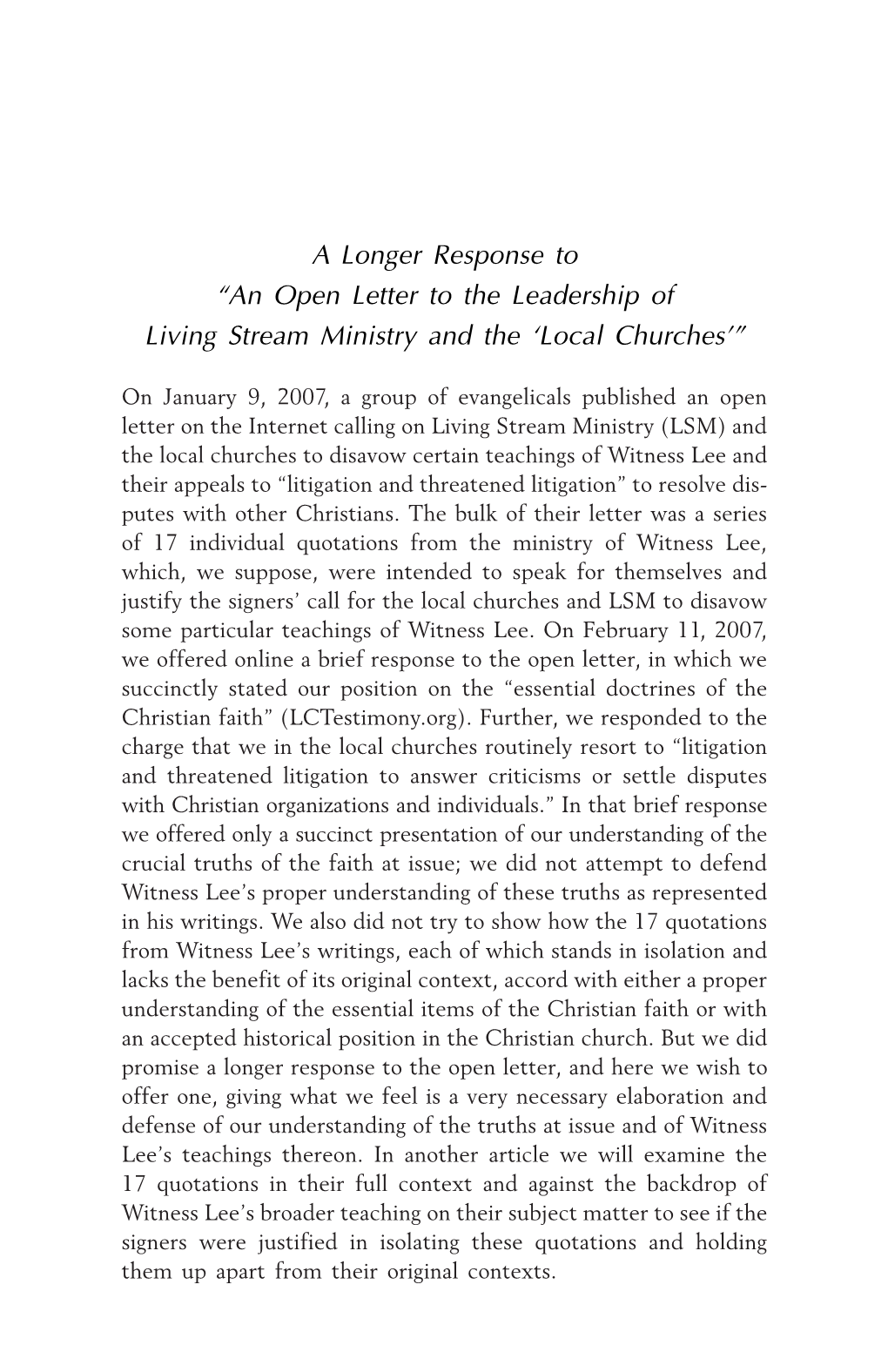 Longer Response to "An Open Letter to the Leadership of Living Stream Ministry and the 'Local Churches'"
