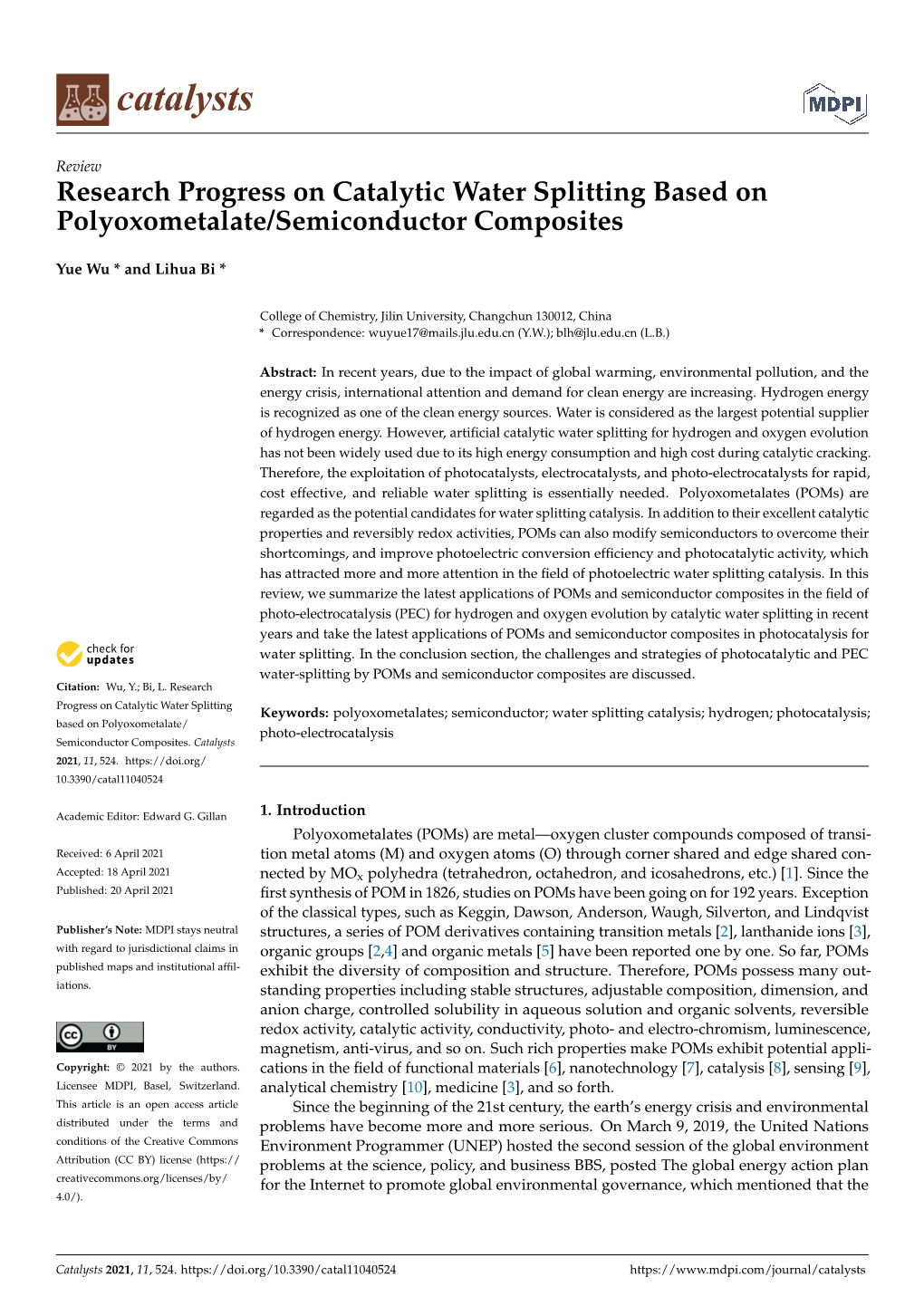 Research Progress on Catalytic Water Splitting Based on Polyoxometalate/Semiconductor Composites