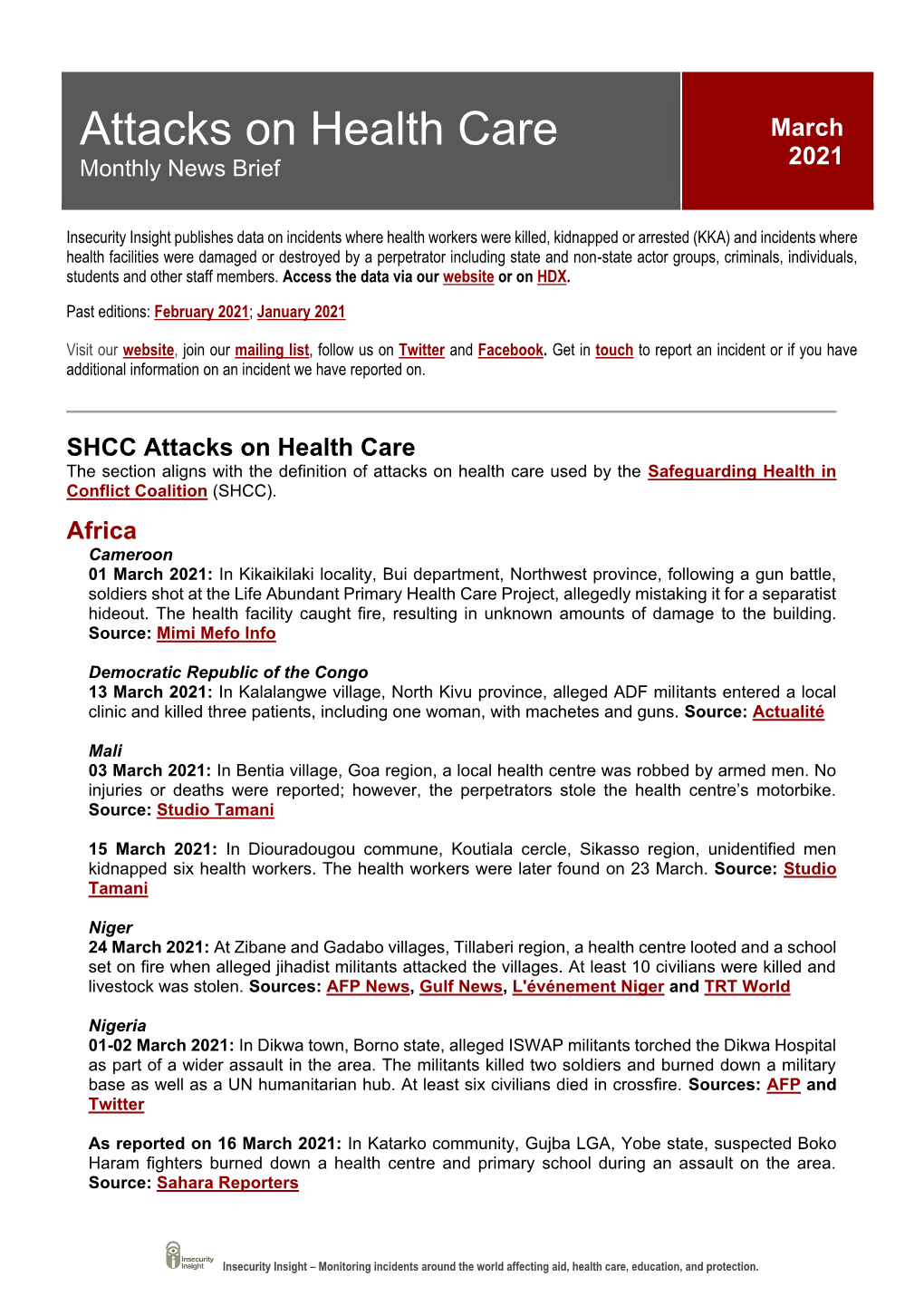 Attacks on Health Care March 2021 Monthly News Brief