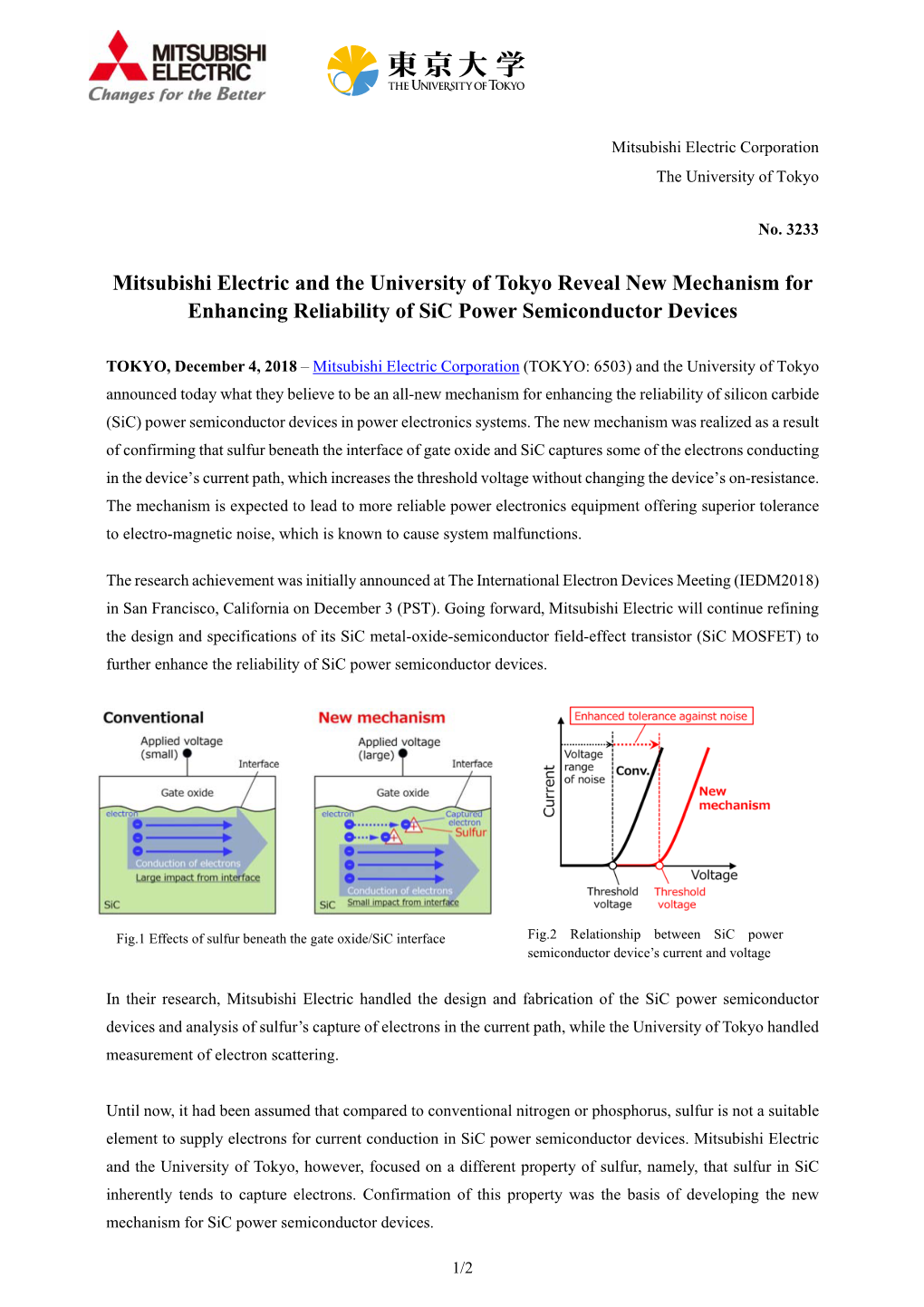 Mitsubishi Electric and the University of Tokyo Reveal New Mechanism for Enhancing Reliability of Sic Power Semiconductor Devices