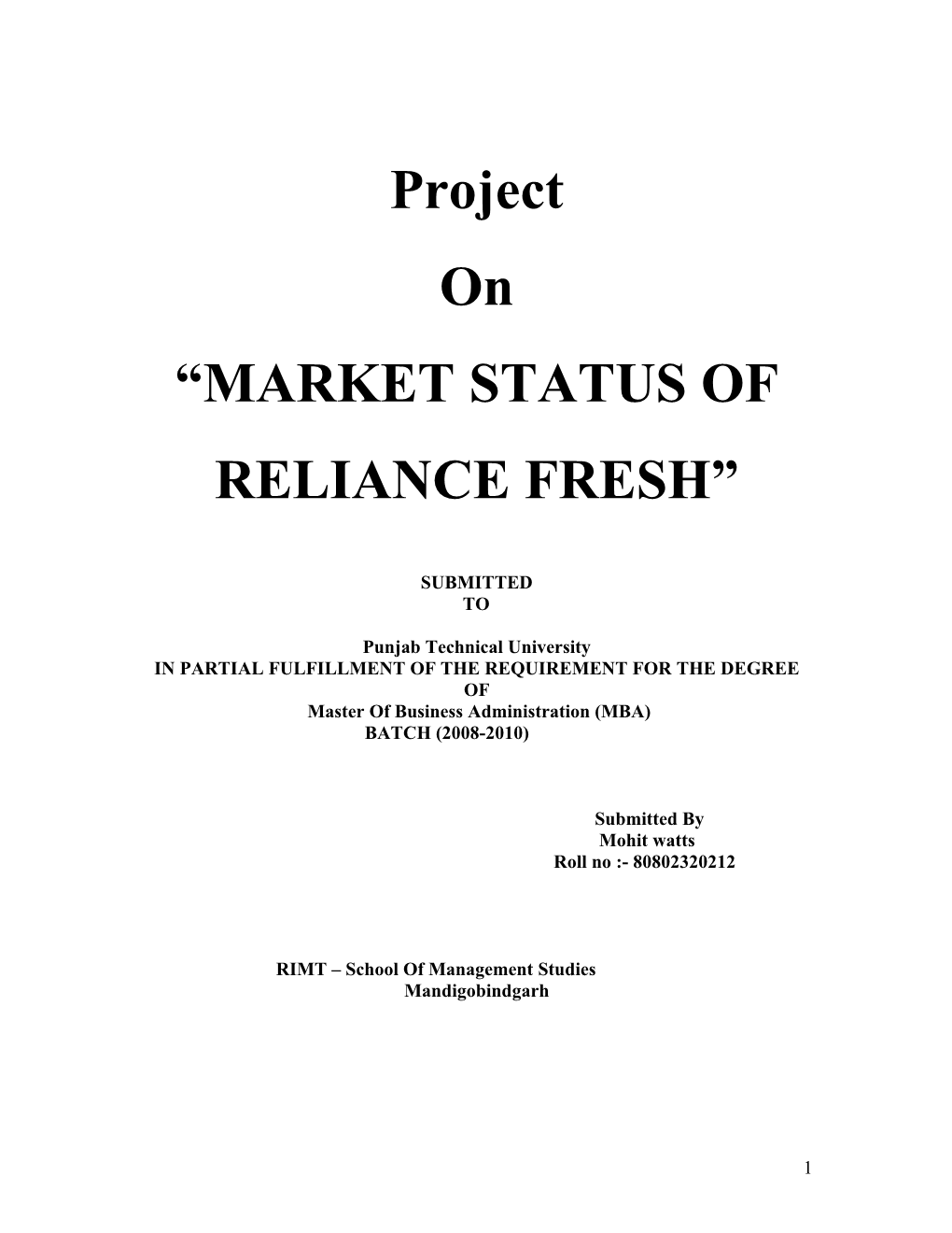 Project on “MARKET STATUS of RELIANCE FRESH”