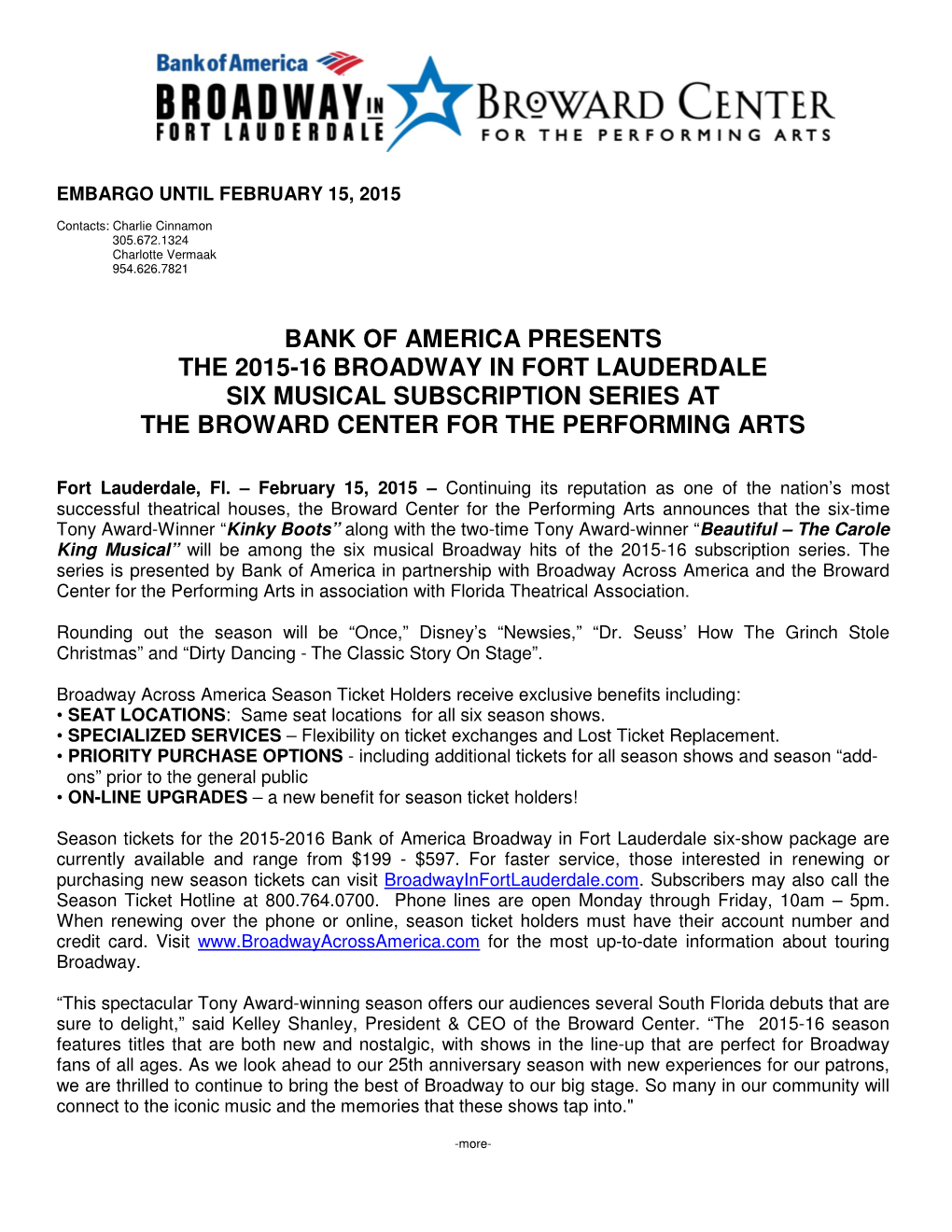 Bank of America Presents the 2015-16 Broadway in Fort Lauderdale Six Musical Subscription Series at the Broward Center for the Performing Arts