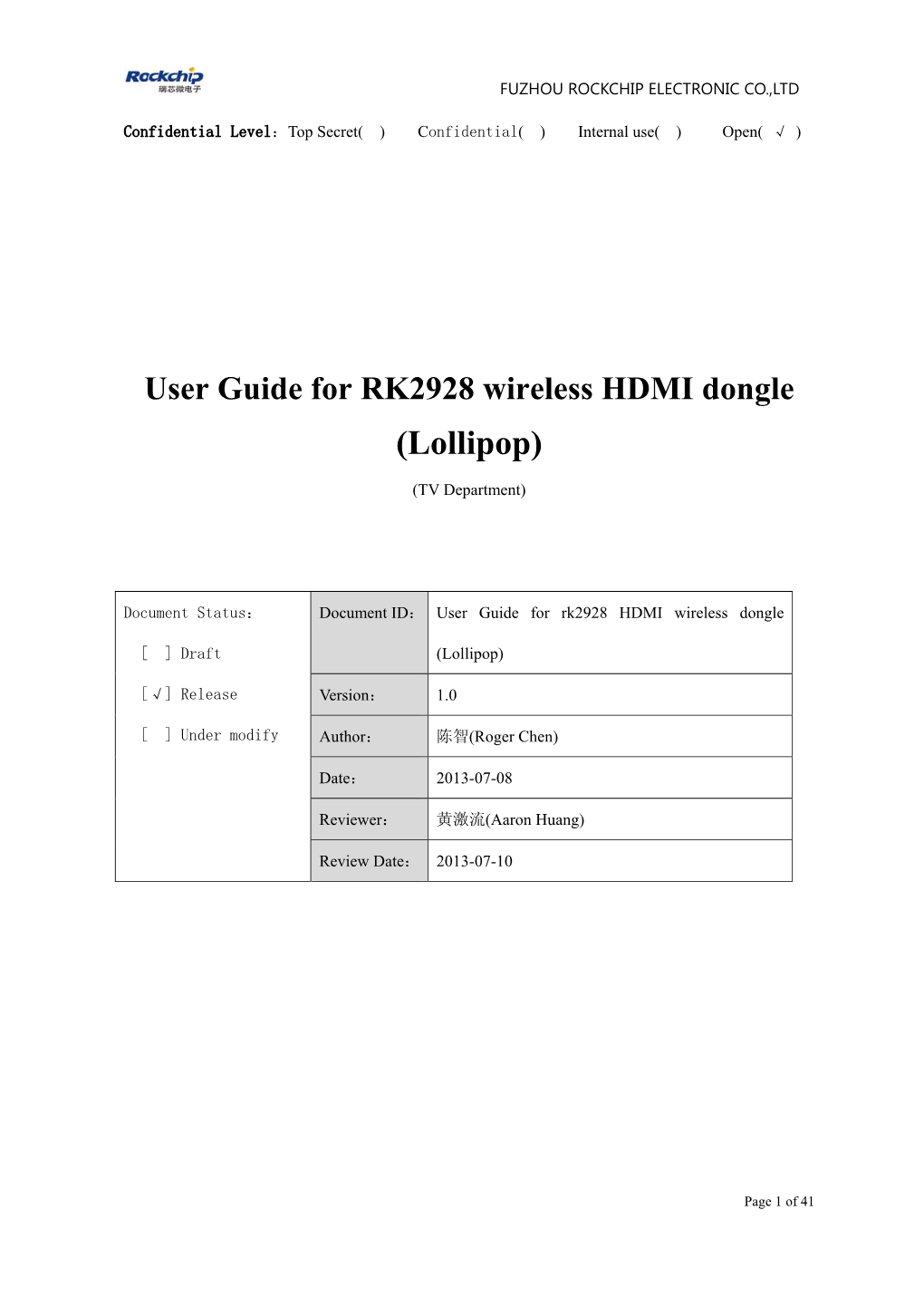 User Guide for RK2928 Wireless HDMI Dongle (Lollipop)