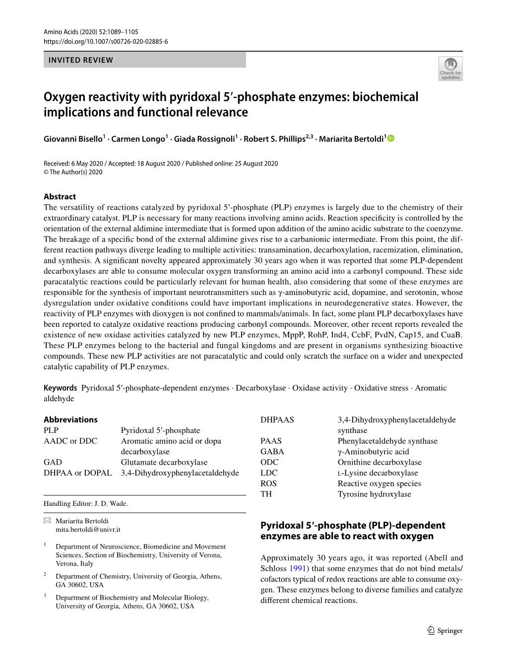 Oxygen Reactivity with Pyridoxal 5′-Phosphate Enzymes: Biochemical Implications And… 1091