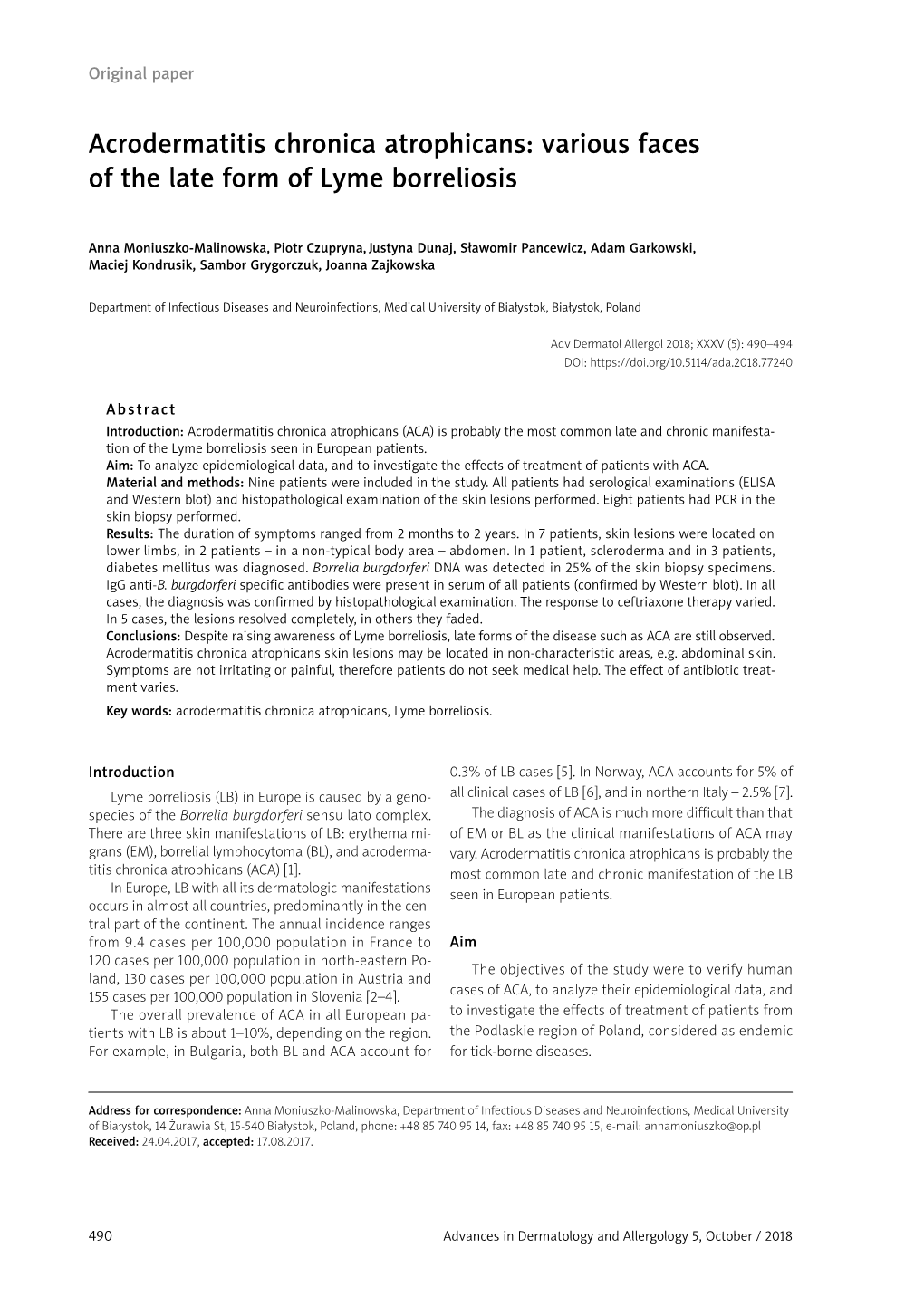 Acrodermatitis Chronica Atrophicans: Various Faces of the Late Form of Lyme Borreliosis