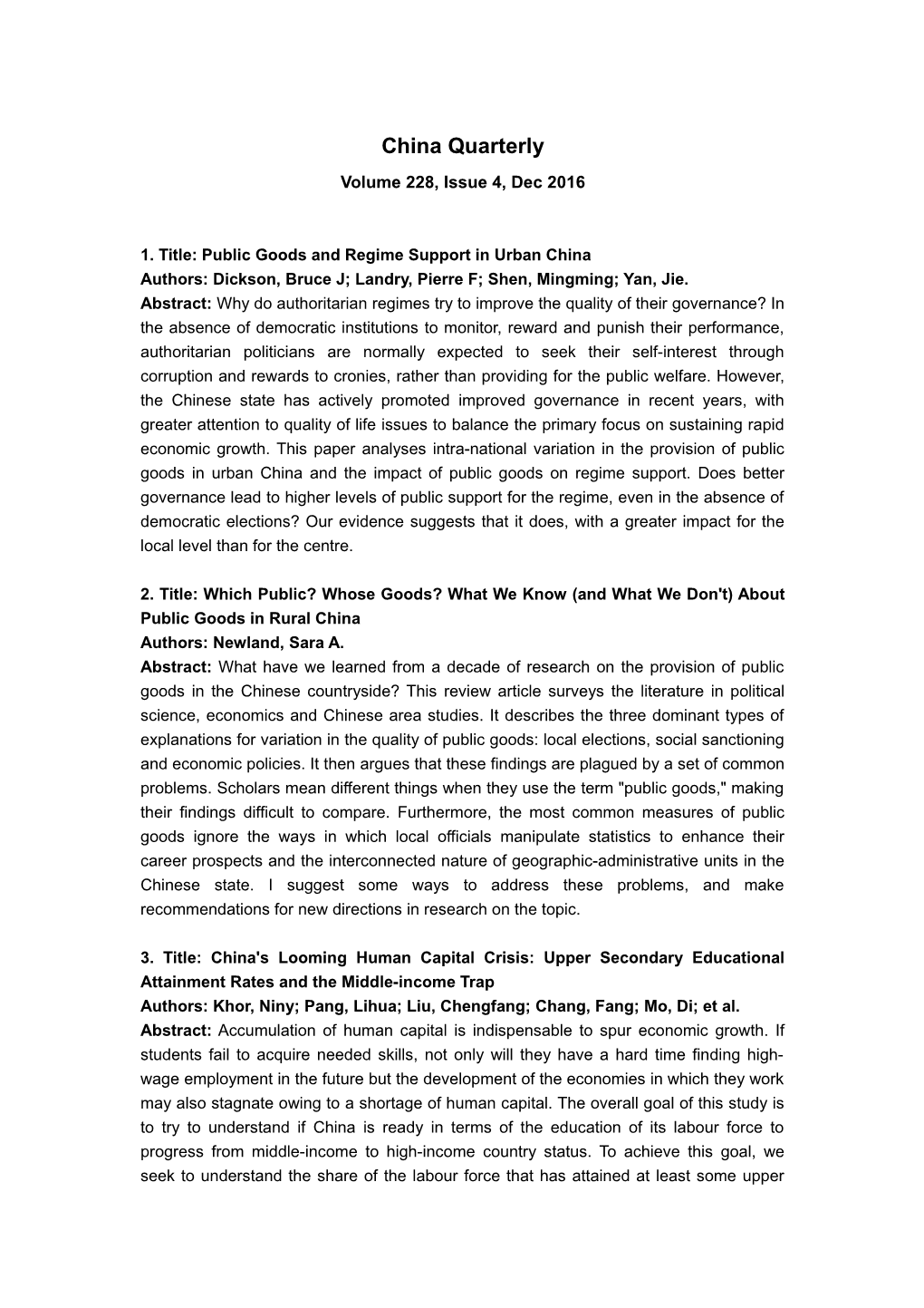 1. Title: Public Goods and Regime Support in Urban China