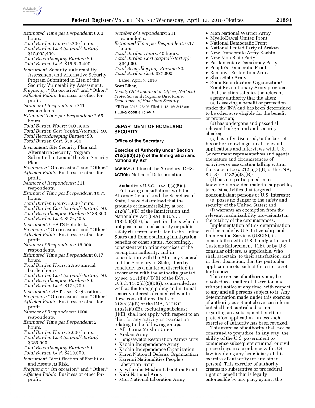 Federal Register/Vol. 81, No. 71/Wednesday, April 13, 2016/Notices