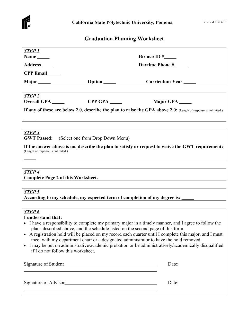 Graduation Planning Worksheet