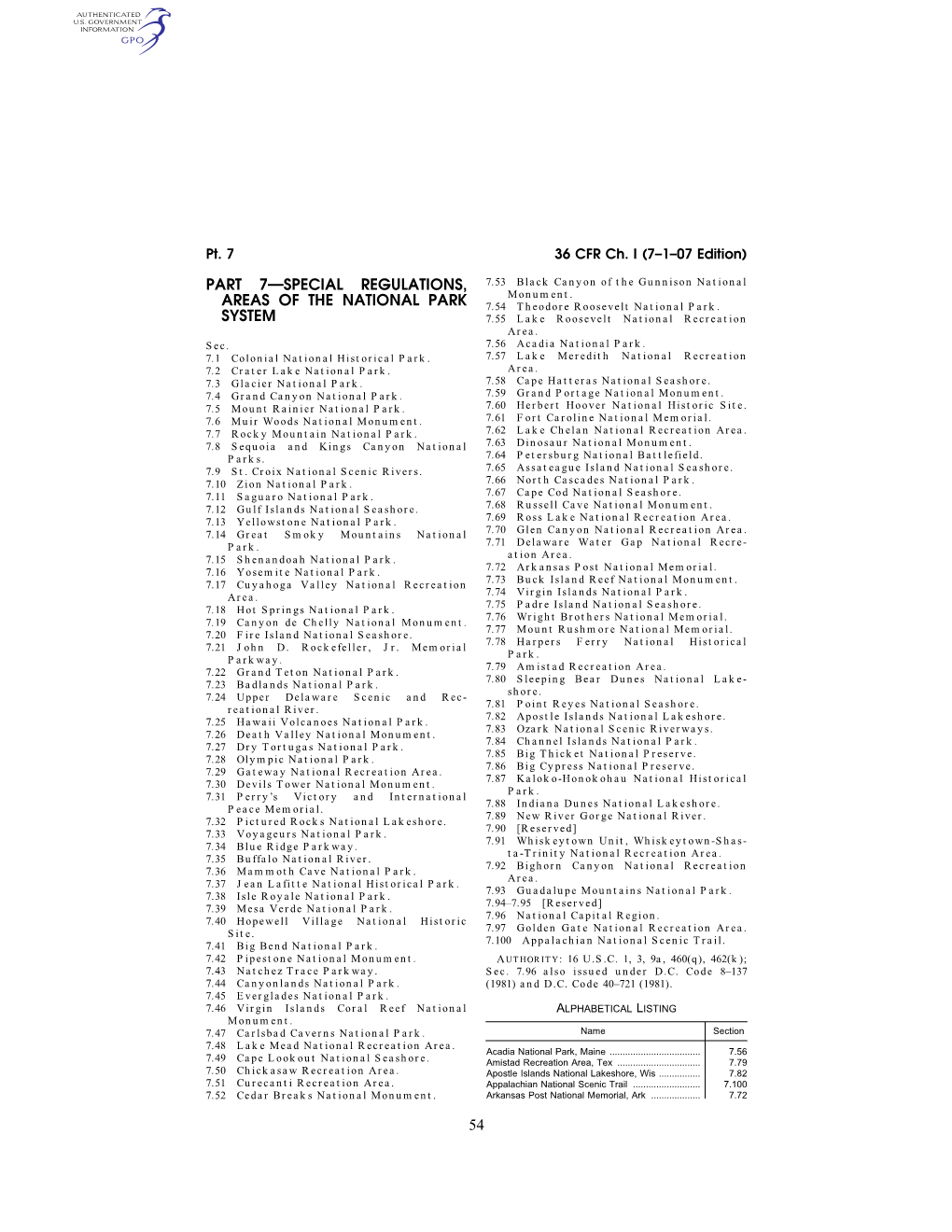 54 Part 7—Special Regulations, Areas Of