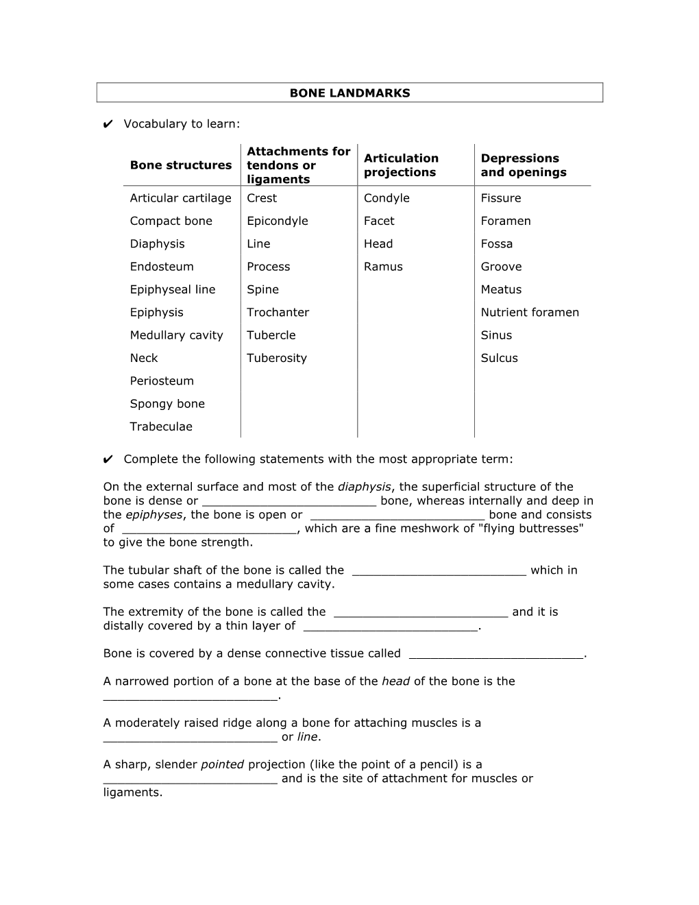 BONE LANDMARKS Vocabulary to Learn: Bone Structures Attachments