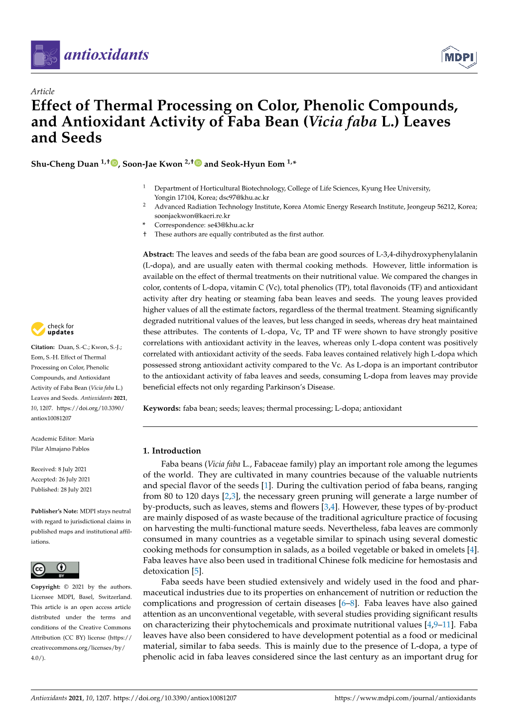 Effect of Thermal Processing on Color, Phenolic Compounds, and Antioxidant Activity of Faba Bean (Vicia Faba L.) Leaves and Seeds