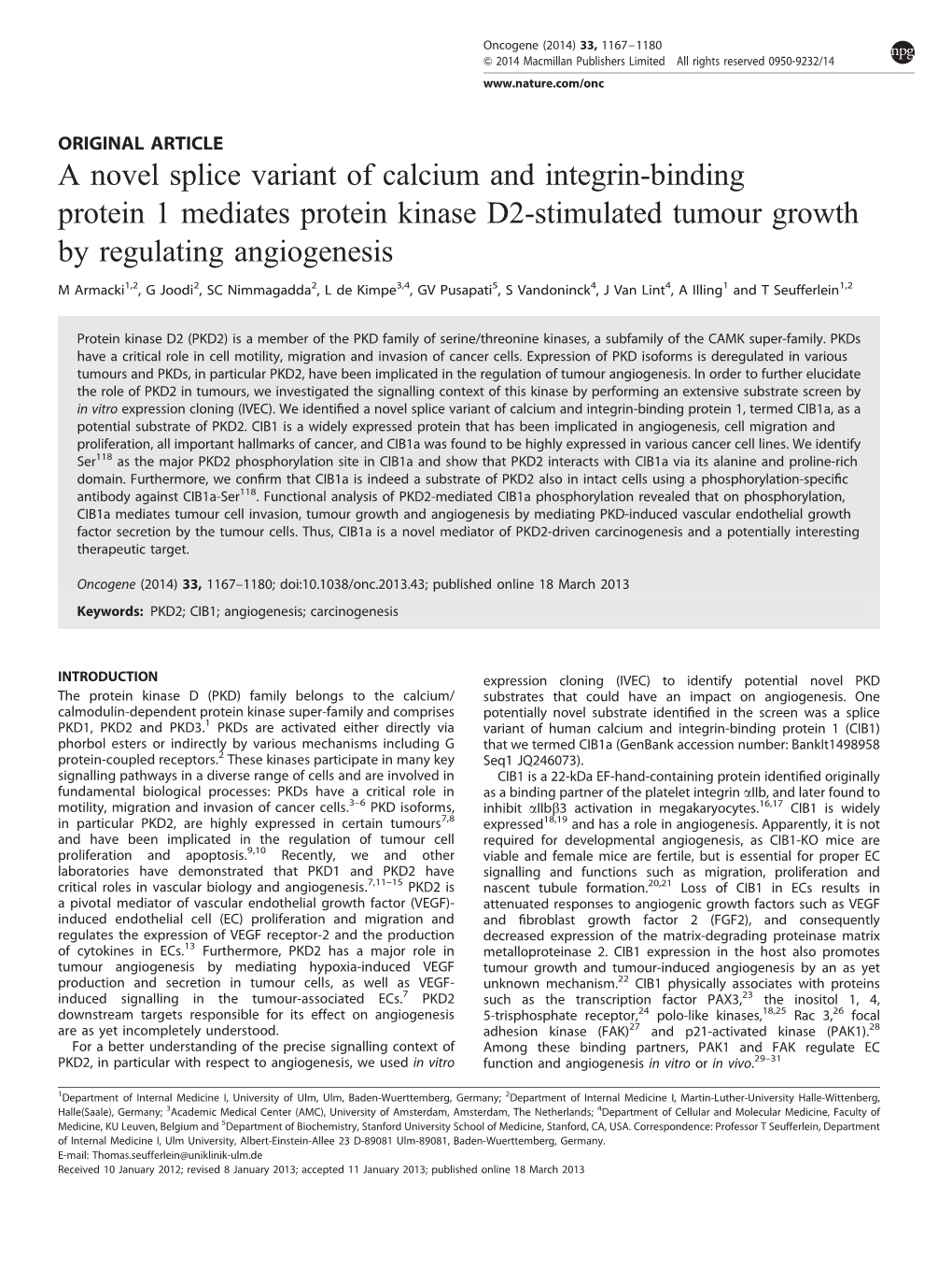 A Novel Splice Variant of Calcium and Integrin-Binding Protein 1 Mediates Protein Kinase D2-Stimulated Tumour Growth by Regulating Angiogenesis