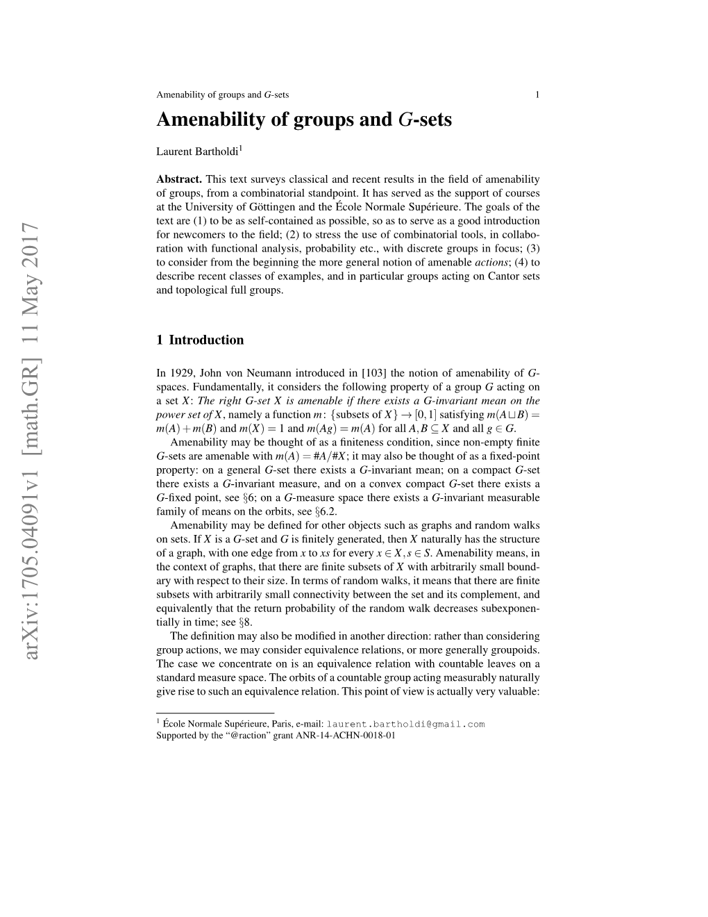 Amenability of Groups and G-Sets 1 Amenability of Groups and G-Sets