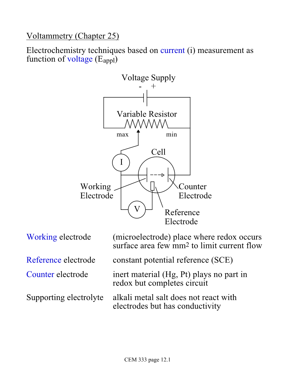 Voltammetry (Chapter 25) Electrochemistry Techniques Based on Current (I) Measurement As Function of Voltage (Eappl)