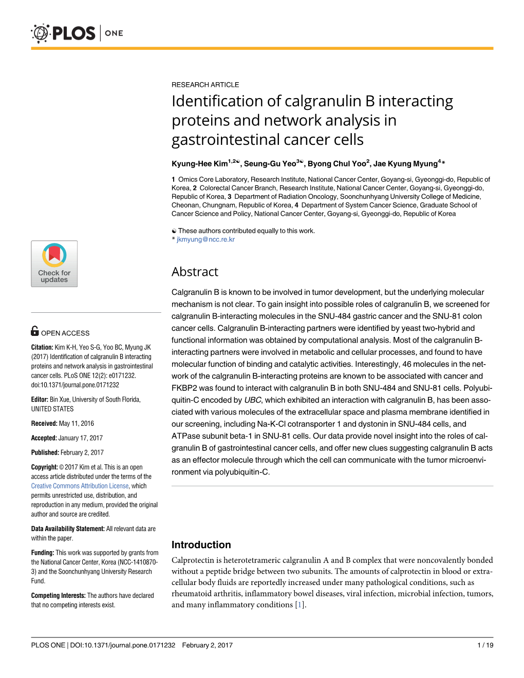 Identification of Calgranulin B Interacting Proteins and Network Analysis in Gastrointestinal Cancer Cells