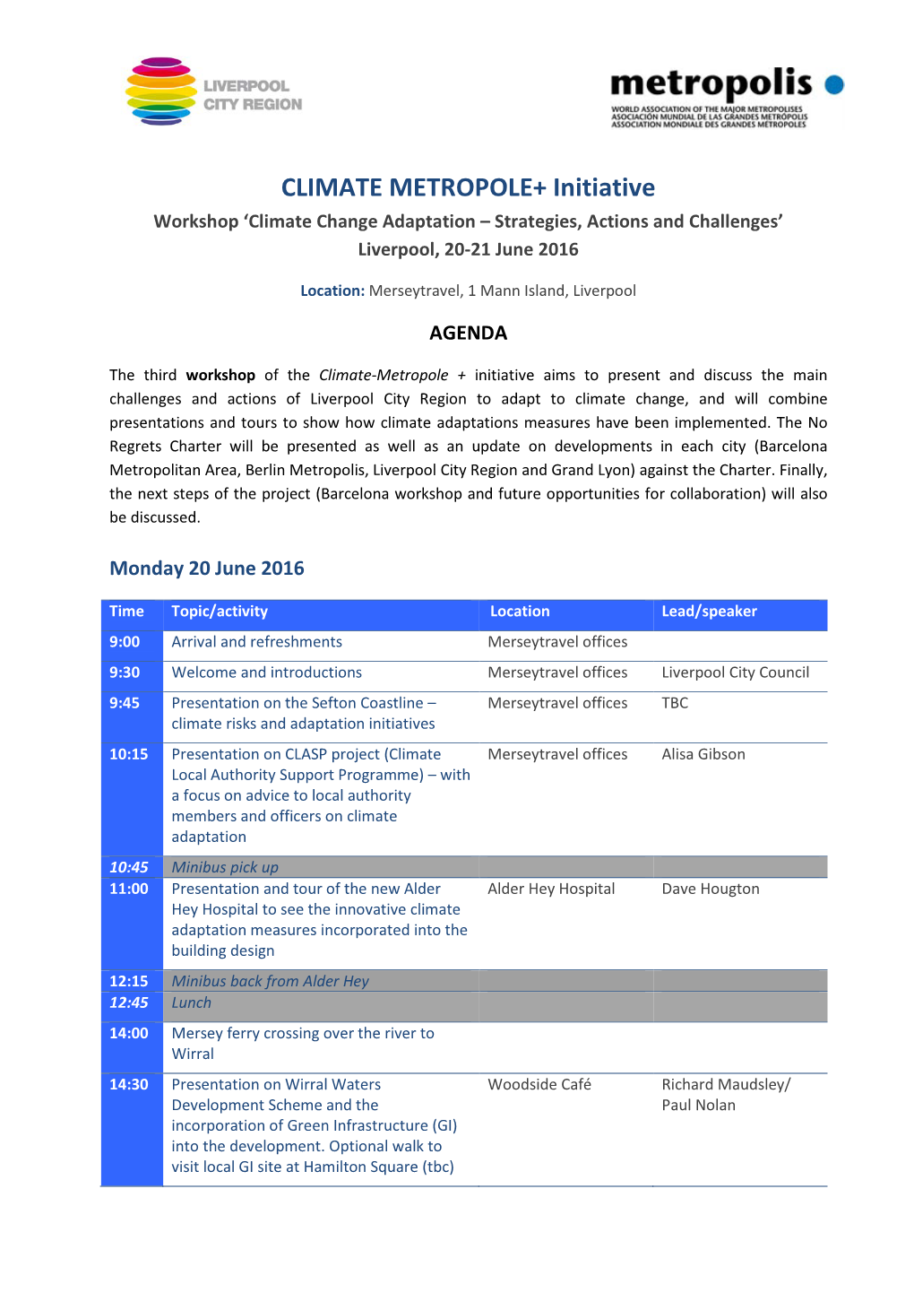 CLIMATE METROPOLE+ Initiative Workshop ‘Climate Change Adaptation – Strategies, Actions and Challenges’ Liverpool, 20-21 June 2016