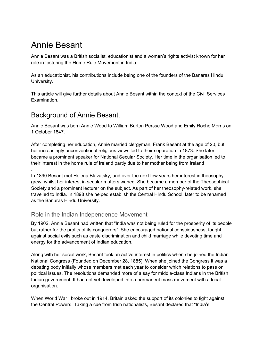 Annie Besant Annie Besant Was a British Socialist, Educationist and a Women’S Rights Activist Known for Her Role in Fostering the Home Rule Movement in India