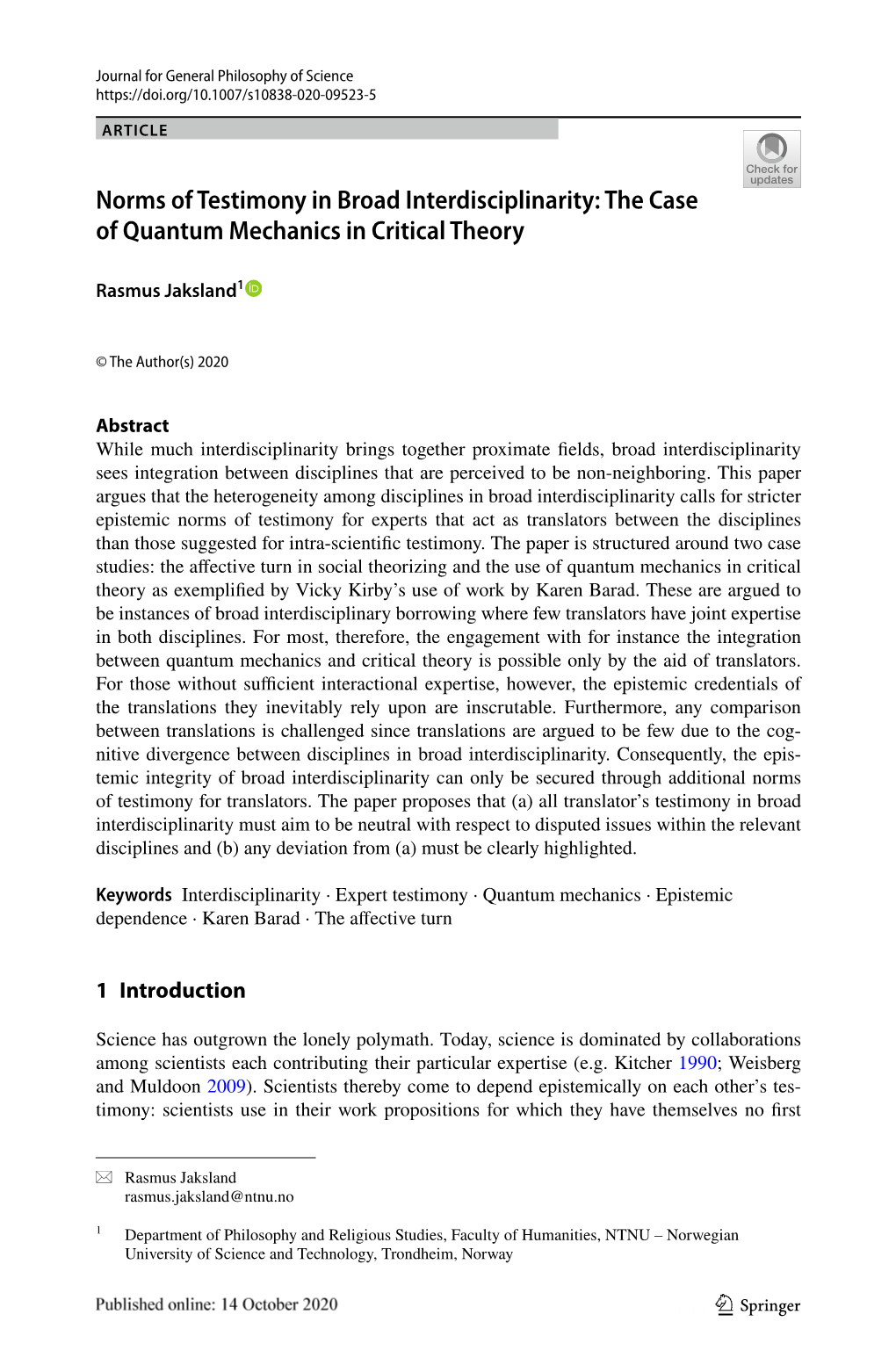 Norms of Testimony in Broad Interdisciplinarity: the Case of Quantum Mechanics in Critical Theory