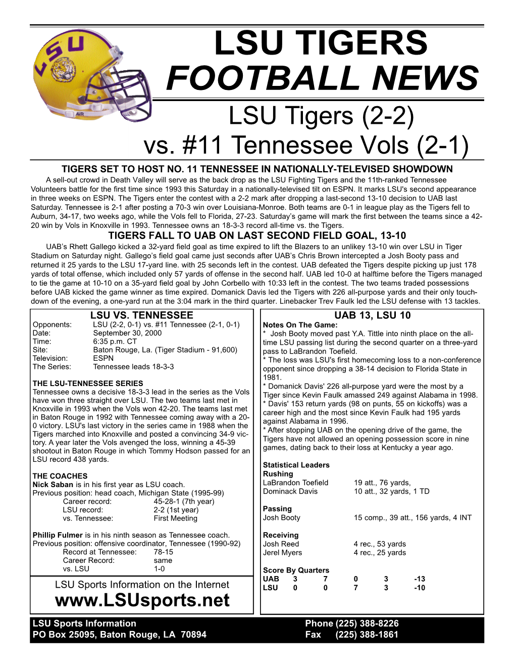 LSU TIGERS FOOTBALL NEWS LSU Tigers (2-2) Vs