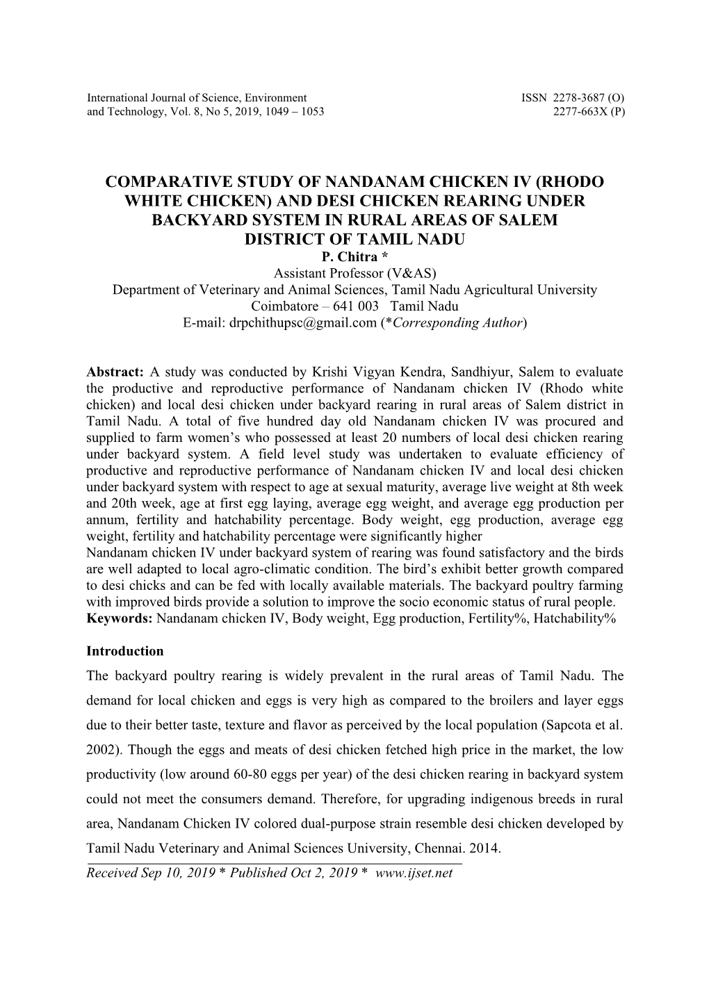 Comparative Study of Nandanam Chicken Iv (Rhodo White Chicken) and Desi Chicken Rearing Under Backyard System in Rural Areas of Salem District of Tamil Nadu P