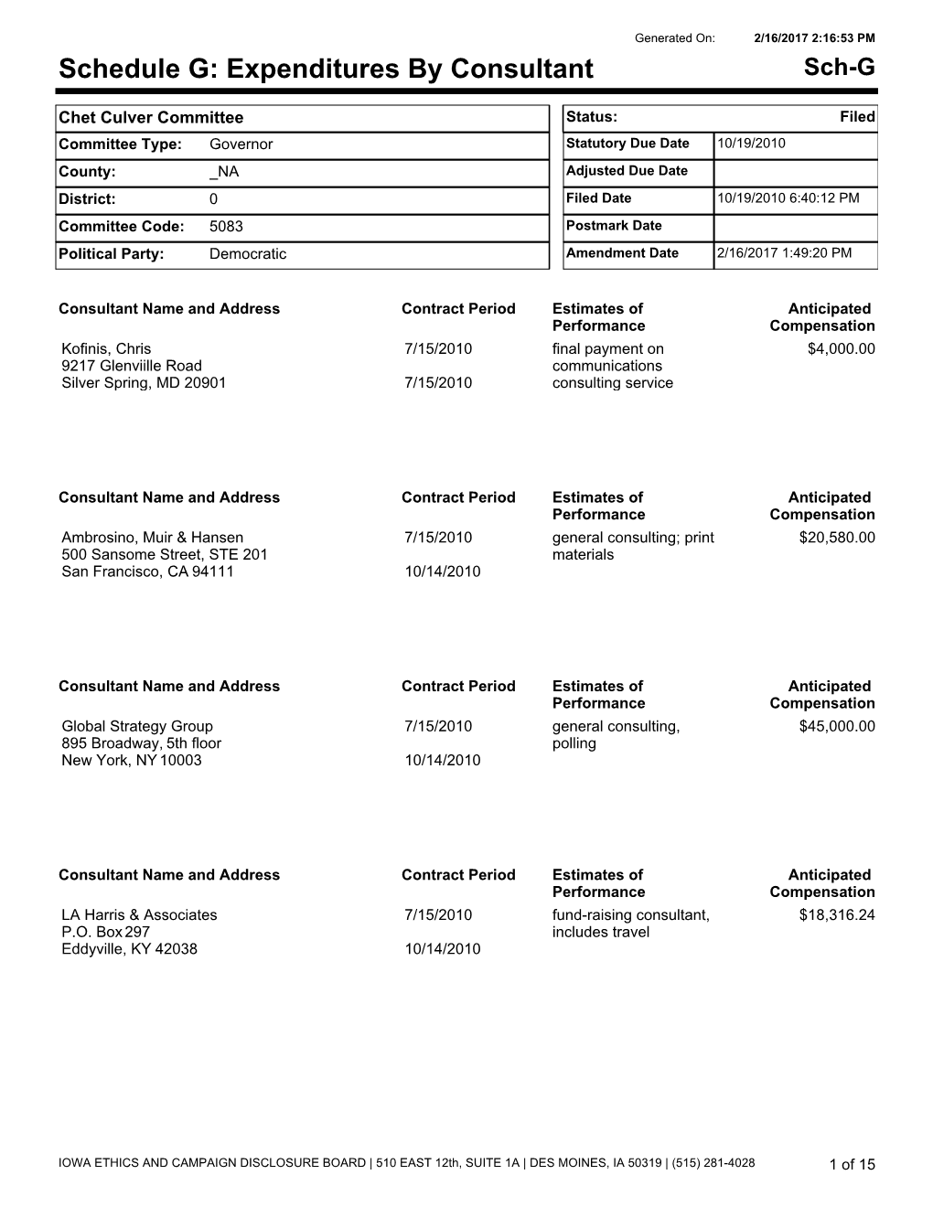 Schedule G: Expenditures by Consultant Sch-G