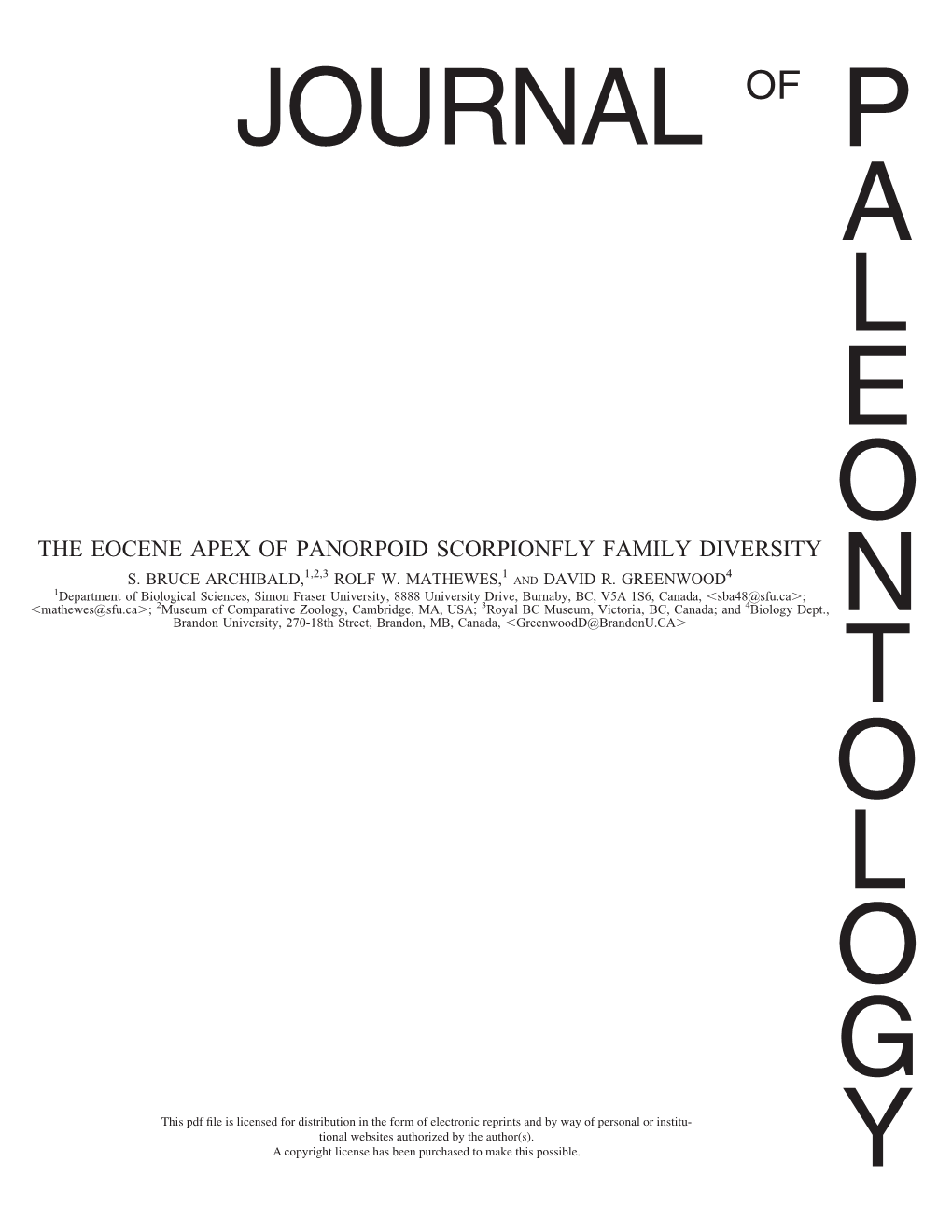 The Eocene Apex of Panorpoid Scorpionfly Family Diversity 1,2,3 1 4 S