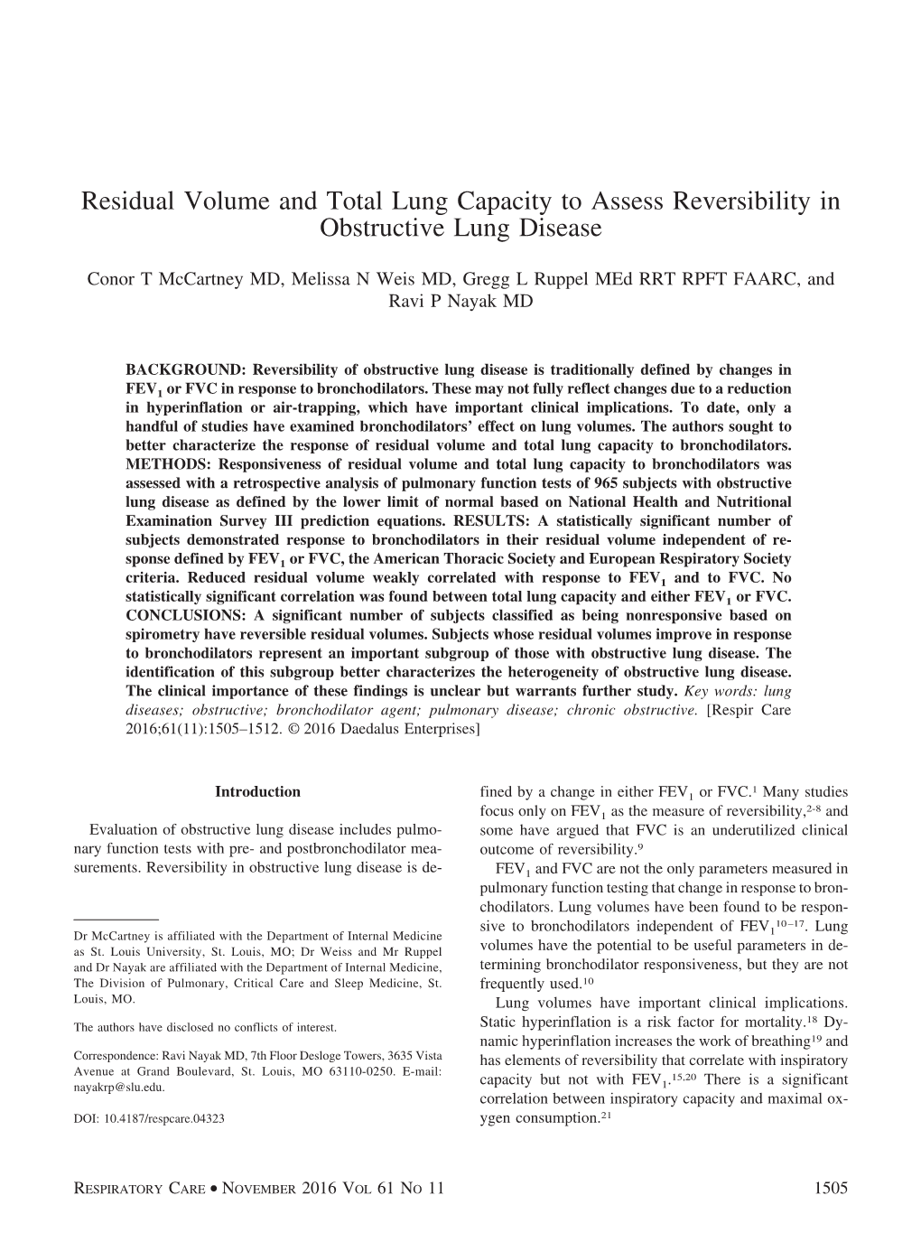 Residual Volume and Total Lung Capacity to Assess Reversibility in Obstructive Lung Disease