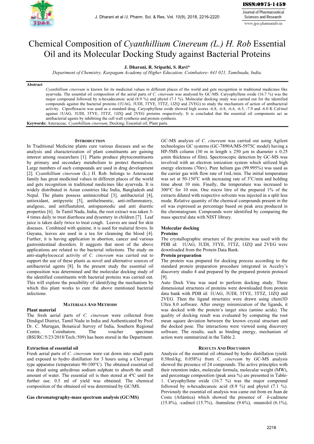 Chemical Composition of Cyanthillium Cinereum (L.) H. Rob Essential Oil and Its Molecular Docking Study Against Bacterial Proteins