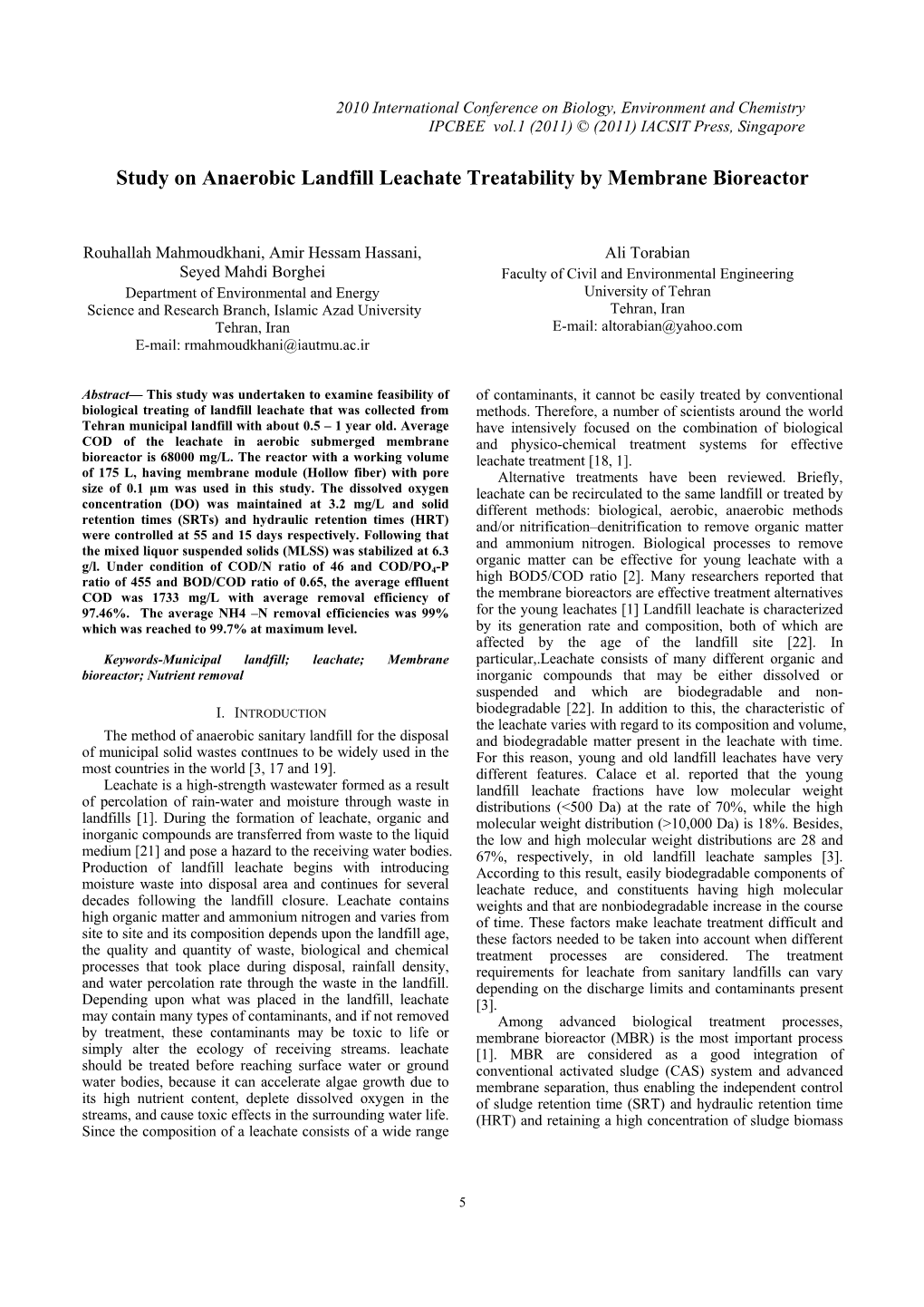 Study on Anaerobic Landfill Leachate Treatability by Membrane Bioreactor