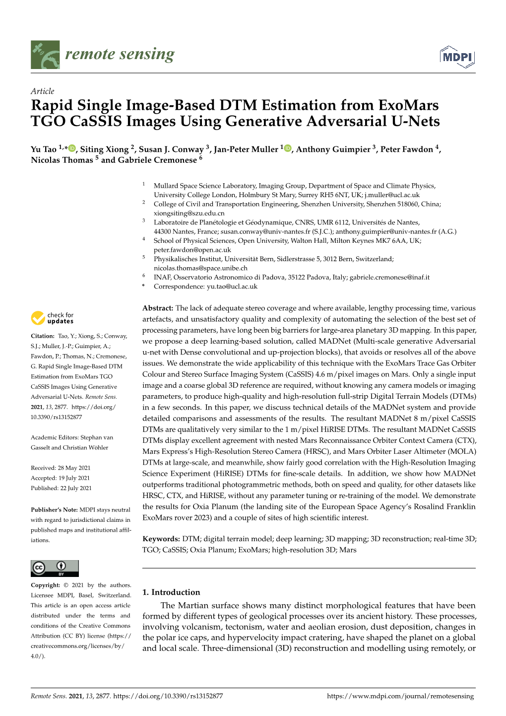 Rapid Single Image-Based DTM Estimation from Exomars TGO Cassis Images Using Generative Adversarial U-Nets