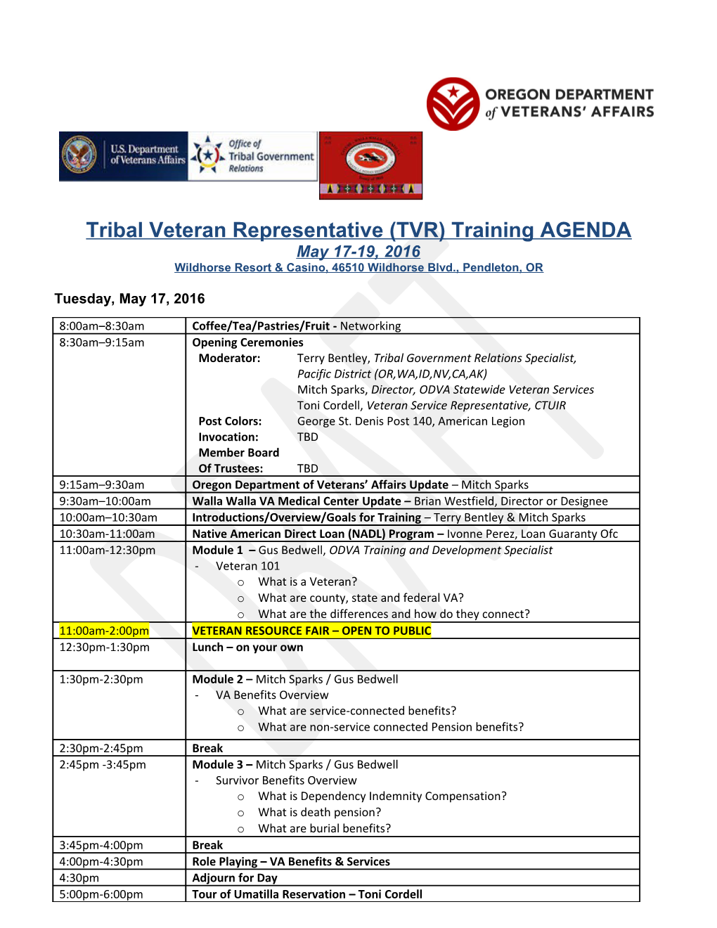 Tribal Veteran Representative (TVR) Training AGENDA