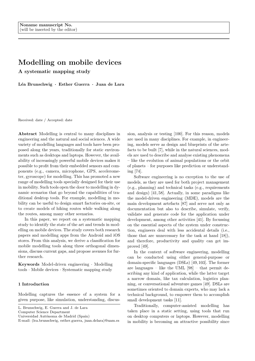 Modelling on Mobile Devices a Systematic Mapping Study