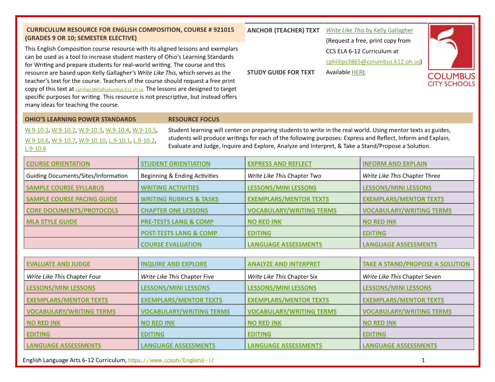 Grade 9-10 English Composition Elective Curriculum