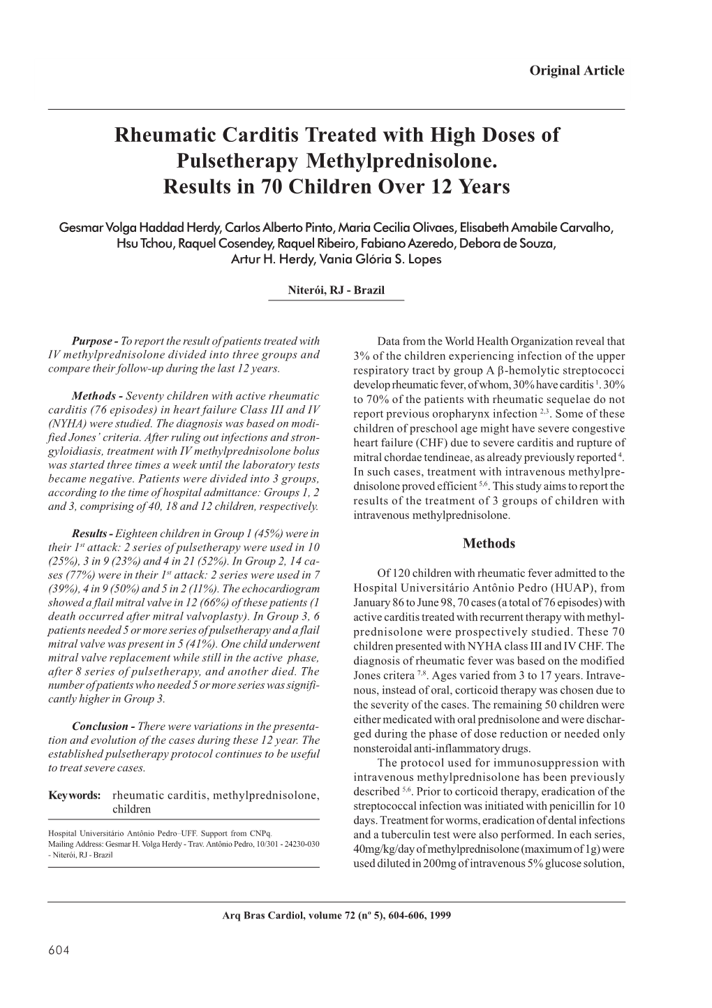 Rheumatic Carditis Treated with High Doses of Pulsetherapy Methylprednisolone