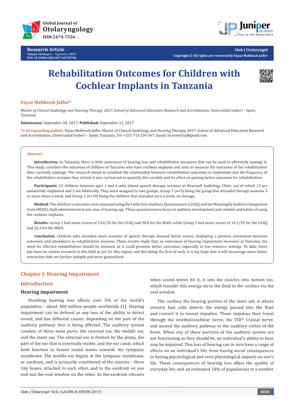 Rehabilitation Outcomes for Children with Cochlear Implants in Tanzania