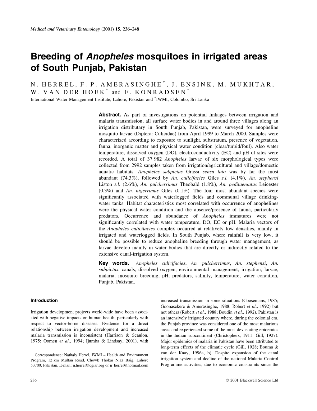 Breeding of Anopheles Mosquitoes in Irrigated Areas of South Punjab, Pakistan