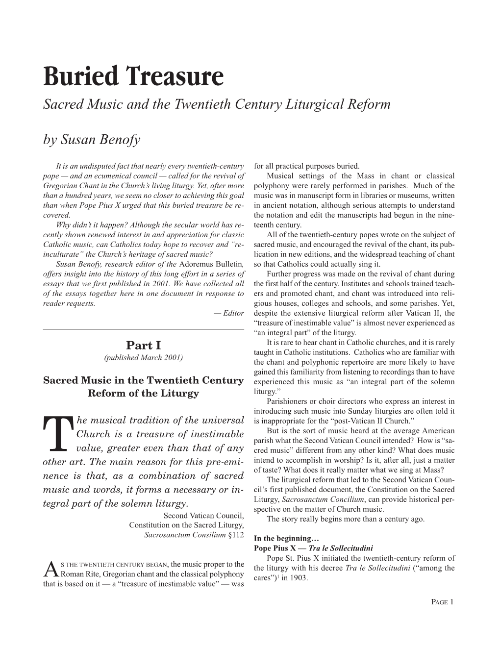 Buried Treasure Sacred Music and the Twentieth Century Liturgical Reform by Susan Benofy