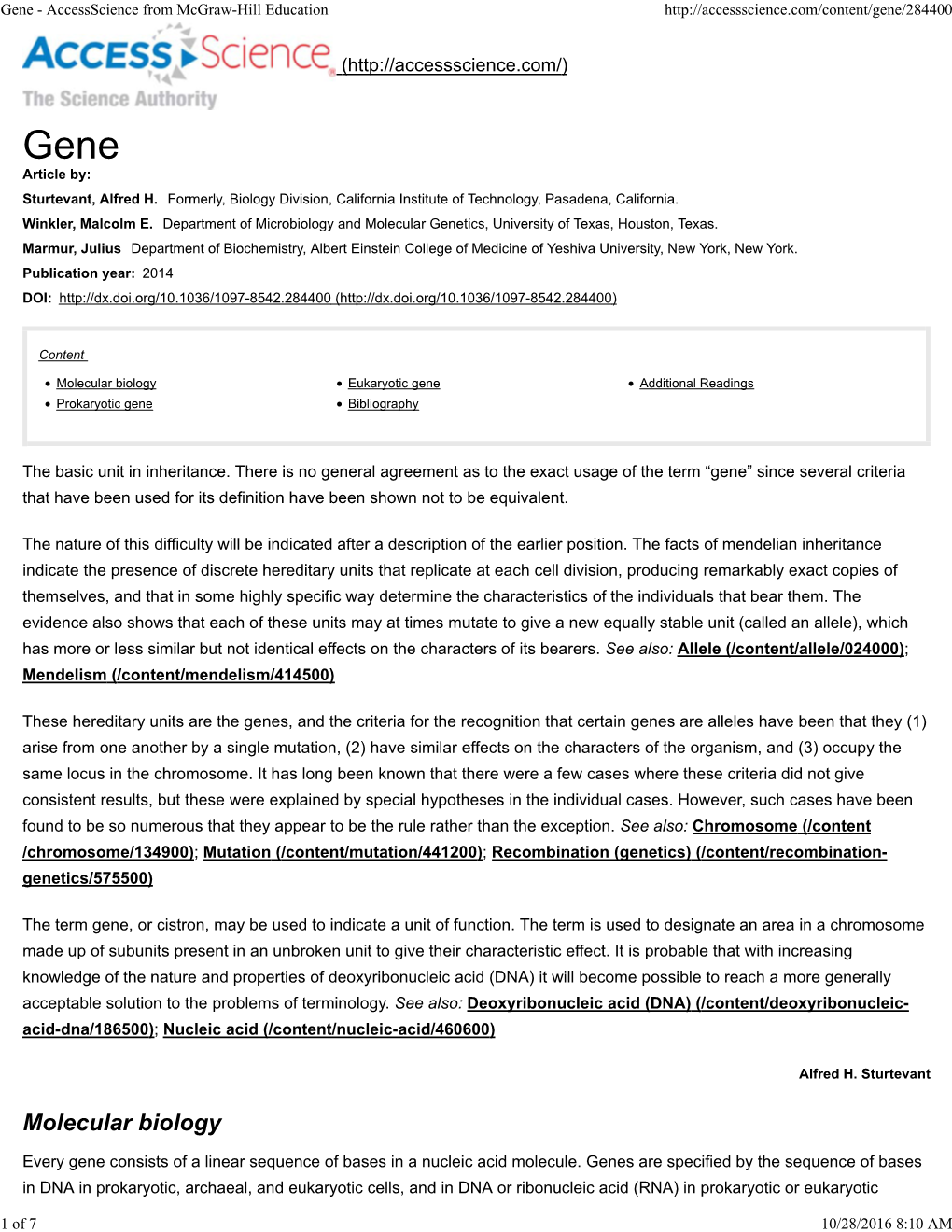 Molecular Biology Eukaryotic Gene Additional Readings Prokaryotic Gene Bibliography