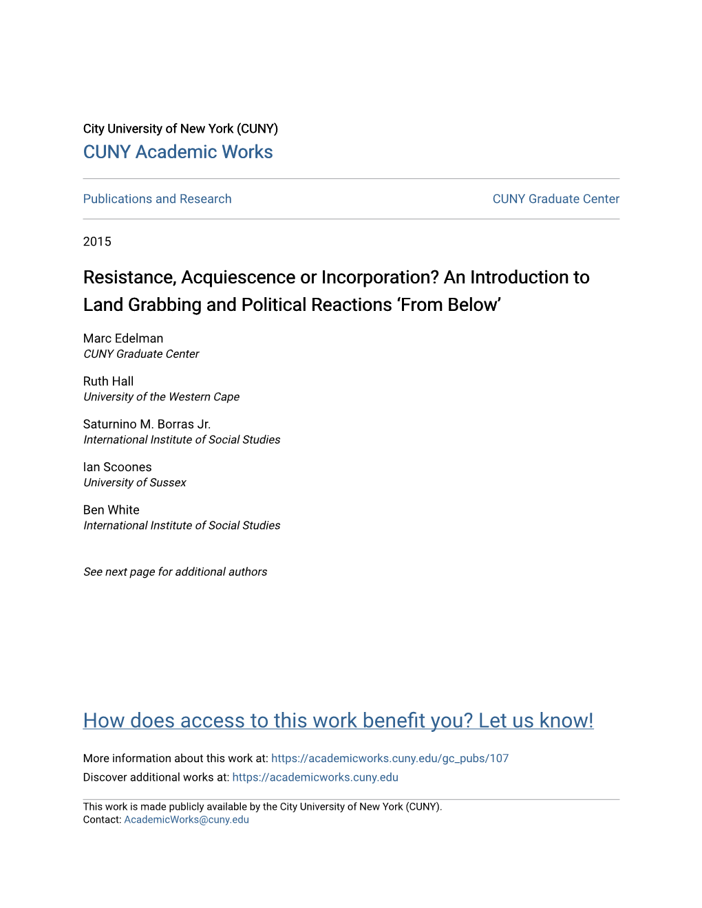 Resistance, Acquiescence Or Incorporation? an Introduction to Land Grabbing and Political Reactions ‘From Below’