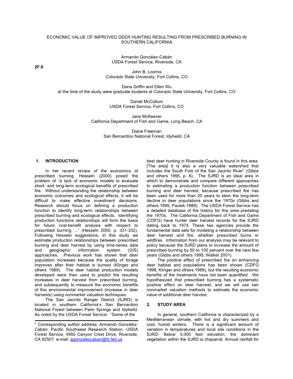 Economic Value of Improved Deer Hunting Resulting from Prescribed Burning in Southern California