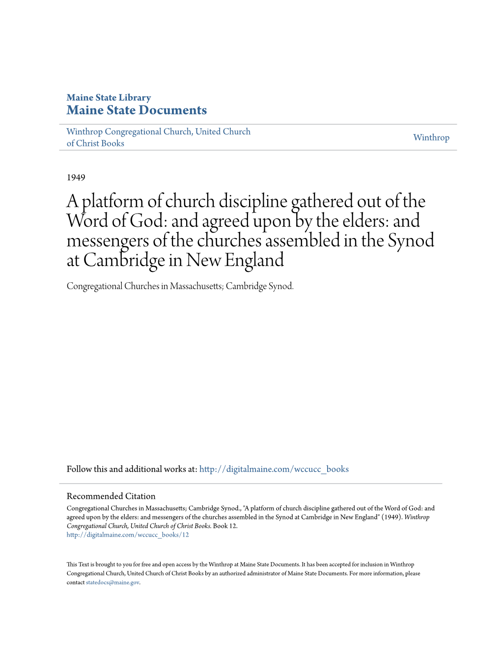 A Platform of Church Discipline Gathered out of the Word of God