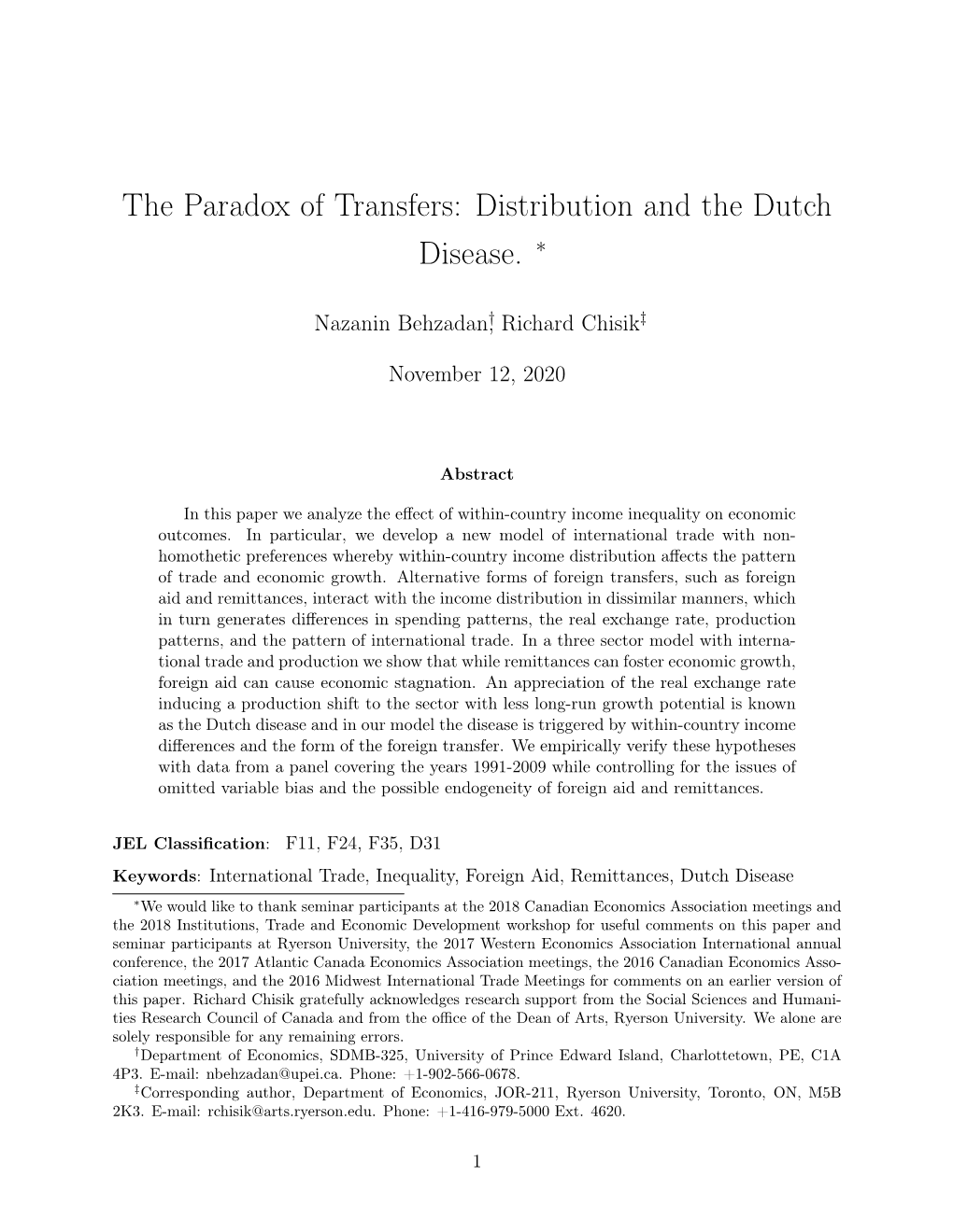 The Paradox of Transfers: Distribution and the Dutch Disease. ∗