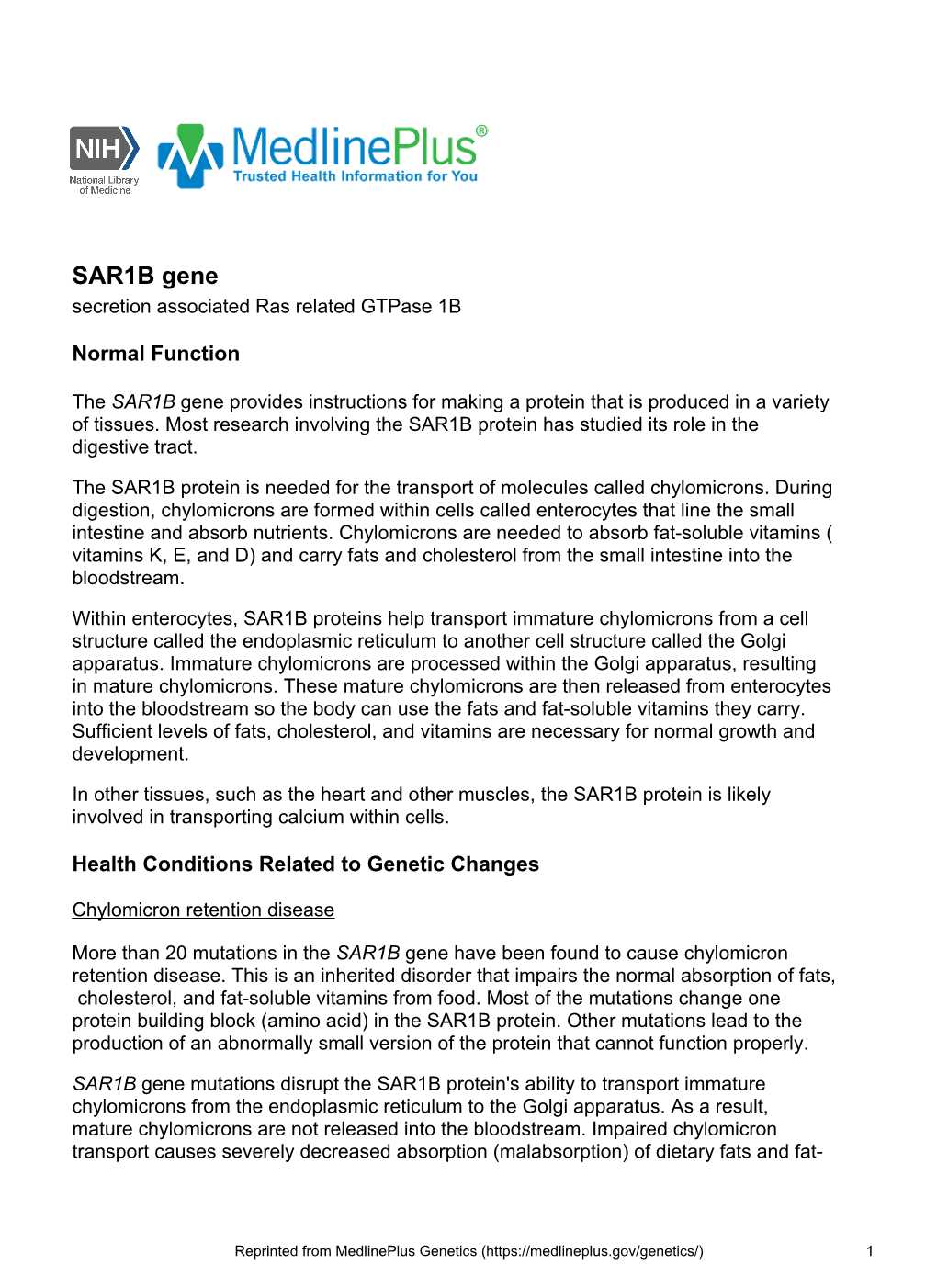 SAR1B Gene Secretion Associated Ras Related Gtpase 1B