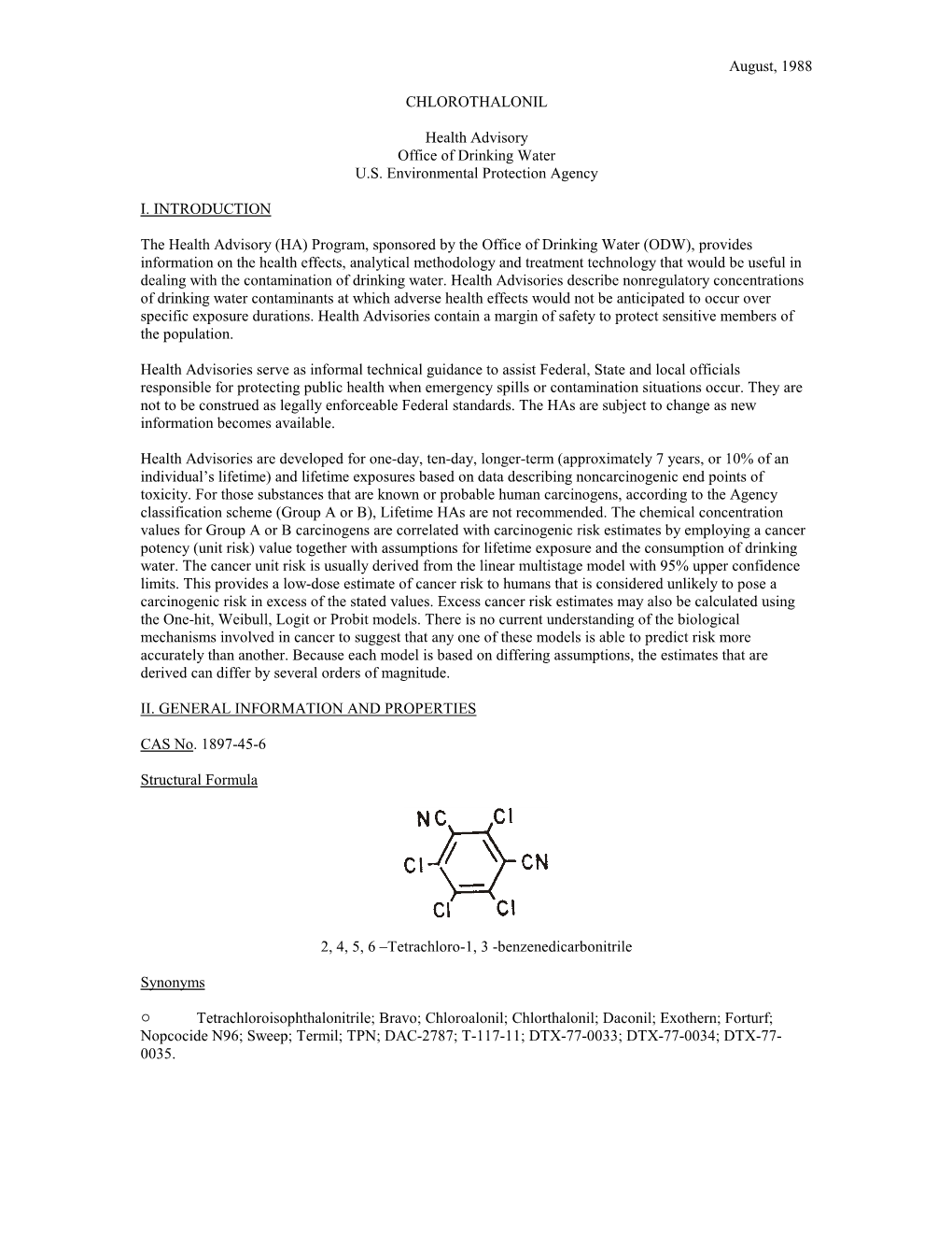 August, 1988 CHLOROTHALONIL Health Advisory Office of Drinking